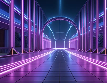 3d technology abstract neon light background, empty space scene, spotlight, dark night