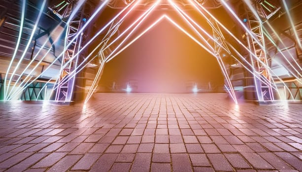 3d technology abstract neon light background, empty space scene, spotlight, dark night