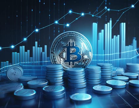 3D coin background with a blue finance graph and investment bar, showcasing growth