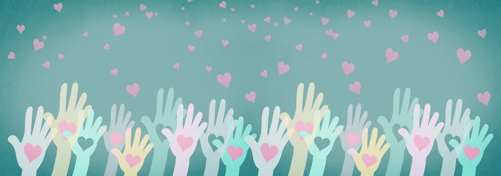 Volenteer and humanitarian help concept, charity and friendship, support teamwork, people reach their hand to colorful hearts on the wall
