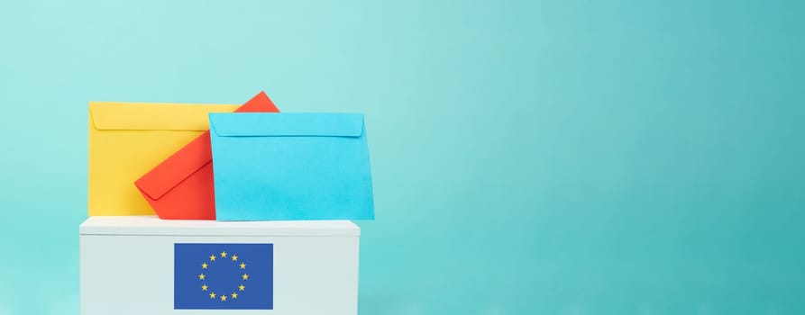 EU election, ballot box, european union flag, blue and yellow stars, citizens of Europe voting Parliament
