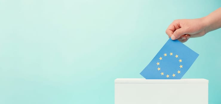 EU election, ballot box, european union flag, blue and yellow stars, citizens of Europe voting Parliament