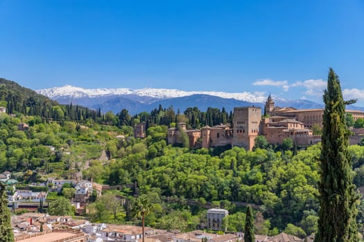 Alhambra palace with the snowy Sierra Nevada in the background, Granada, Andalusia, Spain