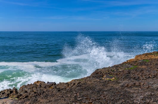 View of ocean waves and fantastic rocky coast in Ericeira, near Lisbon. Portugal