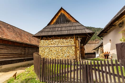Vlkolinec, Slovakia - Month Day Year: March 31, 2024:  Unesco heritage, old wooden village of historical log houses, folk architecture reservation