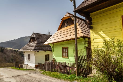 Vlkolinec, Slovakia - Month Day Year: March 31, 2024:  Unesco heritage, old wooden village of historical log houses, folk architecture reservation