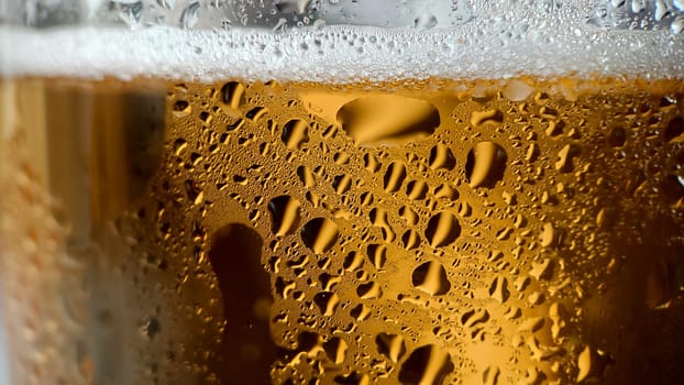 Condensation drops and white foam on a beer glass close-up.Macro photography. Texture or background