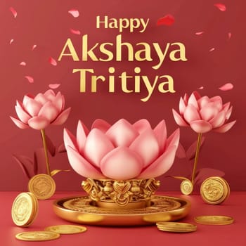 Celebratory Akshaya Tritiya graphic displaying golden lotuses, coins, and festive decorations against a lustrous red background