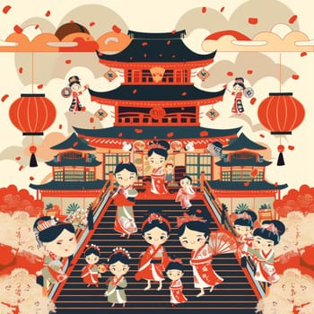 A vibrant and colorful scene depicting a lively Japanese festival, with traditional architecture, festive lanterns, and crowd of people in traditional attire celebrating and enjoying the festivities