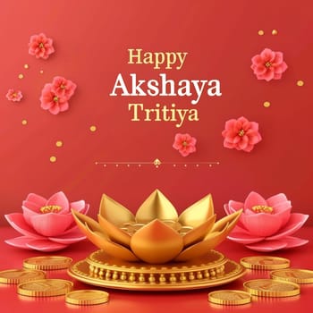 Festive Akshaya Tritiya greeting featuring a vibrant pink lotus and golden ornaments on a rich red backdrop symbolizing wealth and purity