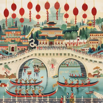 Traditional Chinese architecture along a bustling river scene with red lanterns hanging overhead and boats rowing beneath an ornate bridge