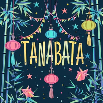 Illustration celebrating Tanabata, showcasing colorful paper lanterns and stars amidst bamboo branches against a night sky