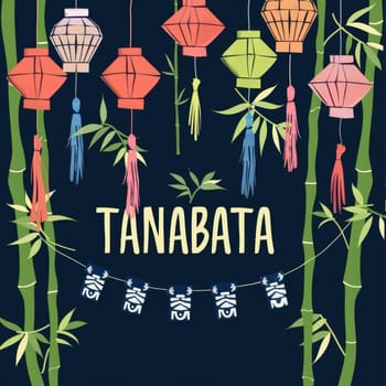 An enchanting Tanabata scene with traditional lanterns and bamboo on a starry night background