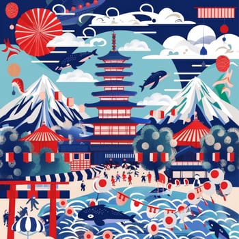 This vibrant digital illustration depicts a captivating Japanese landscape, featuring iconic landmarks like a pagoda temple, snowy mountains, and a bustling festival scene.