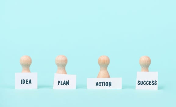Idea, plan, action and success, next step in progress, new goal and strategy, vision a target, business concept