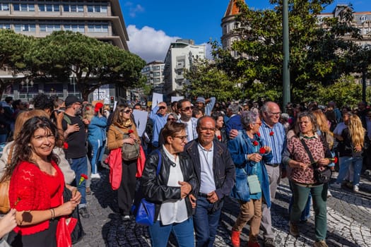 Porto, Portugal: April 25, 2024: Celebration and Protest of the April 25 in Portugal, Liberty Portuguese day, in Porto, Portugal