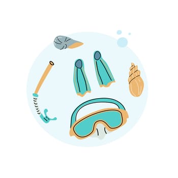 Scuba diving equipment and seashell on round background - summer vacation underwater trip banner. Can used for greeting card, postcard, poster.