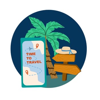 Summer vacation ticket booking concept background. Trip on plane and online service for booking ticket and hotel. Airplane, tickets, passport, phone with map cartoon banner on blue background.