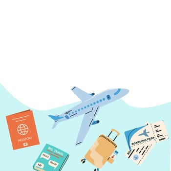 Summer vacation ticket booking concept background. Trip on plane and online service for booking ticket and hotel. Airplane, tickets, passport, phone with map cartoon banner on blue background.