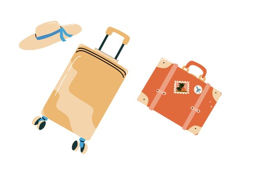 Summer vacation element of cartoon suitcase with sticker or abstract pattern and drink. Can used for stickers and patch, cover design.