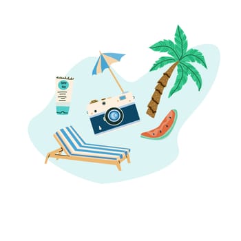 Summer vacation journey elements on blue background. Resort on beach concept design. Camera and protect accessories.