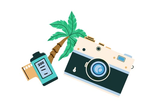 Summer vacation journey elements on blue background. Resort on beach concept design. Camera and protect accessories.