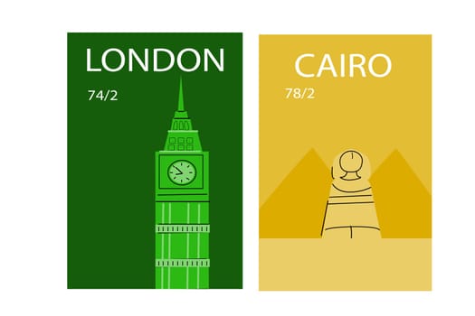 Travel destinations London and Cairo - Europe and Asia posters set with famous elements - statues and building, landmarks.