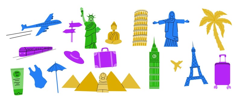 Travel destinations Europe, Asia and America famous and trip summer elements set. Statues and building for landmark posters, cover design.