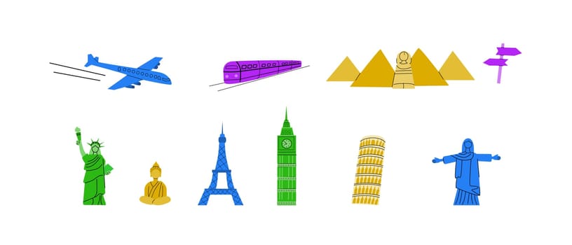 Travel destinations Europe, Asia and America famous and trip summer elements set. Statues and building for landmark posters, cover design.