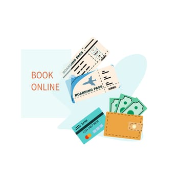 Summer vacation ticket booking concept background. Trip on plane and online service for booking ticket and hotel. Airplane, tickets, passport, phone with map cartoon banner on blue background.
