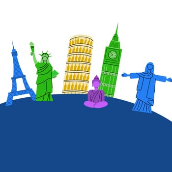 Travel destinations Europe, Asia and America famous elements. Statues and building for landmark posters, cover design.