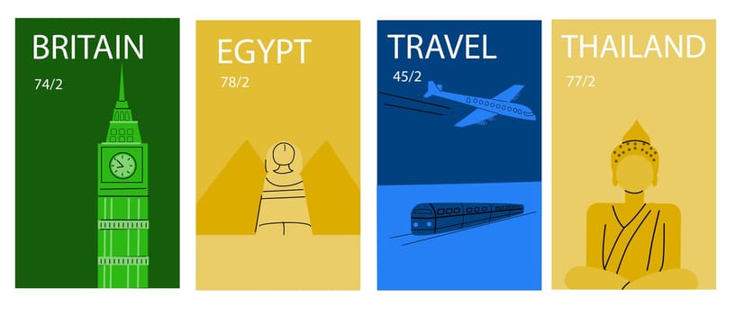 Travel destinations Europe and Asia posters set. Famous elements in world, statues and building.
