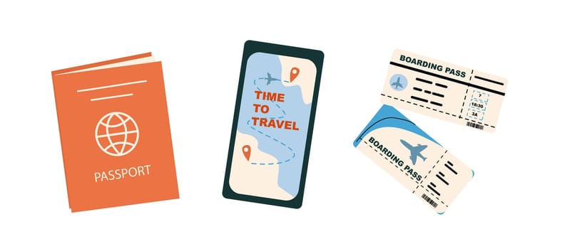 Summer vacation ticket booking set for flight trip concept background. Passport, plane tickets, passport, phone with map gps.