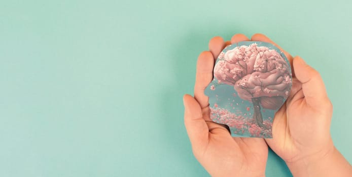 Human mind with blooming tree, freedom, hope and positive thinking, idea and imaginaton concept, self care and mental health , creative brain