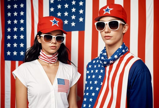 AI generated of two people wearing sunglasses and hats with american flags