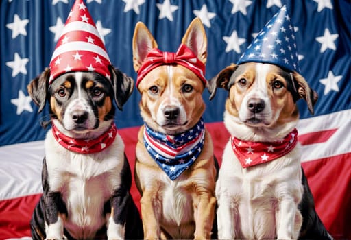 AI generated of three dogs wearing patriotic hats with american flags on the background