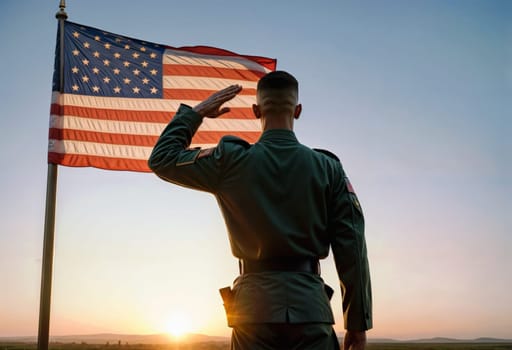 AI generated of a soldier saluting the american flag at sunset