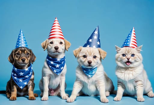 AI generated of three dogs and a cat wearing patriotic party hats and scarfs on blue background
