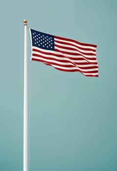 AI generated of an american flag with pole flying in the wind on turqoise background