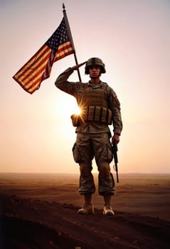 AI generated of soldier holding and saluting american flag in desert at sunset