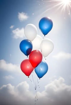 AI generated of red white and blue balloons on a blue sky background with sun shining on it