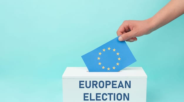 EU election, ballot box, european union flag, blue and yellow stars, citizens of Europe voting Parliament