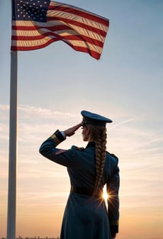 AI generated of a woman in soldier uniform saluting the american flag