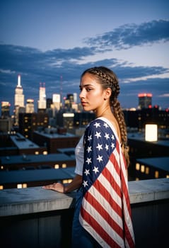 AI generated of a woman with braids and an american flag on her shoulder stands on a ledge with the city behind her