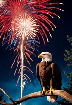 AI generated of a bald eagle sitting on a branch watching fireworks in the background