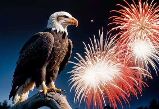 AI generated of a bald eagle sitting on a branch with fireworks in the background