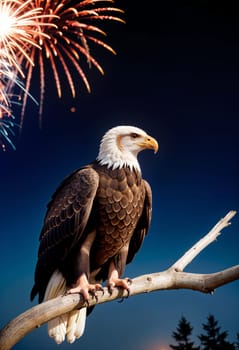 AI generated of a bald eagle sitting on a branch with fireworks in the background