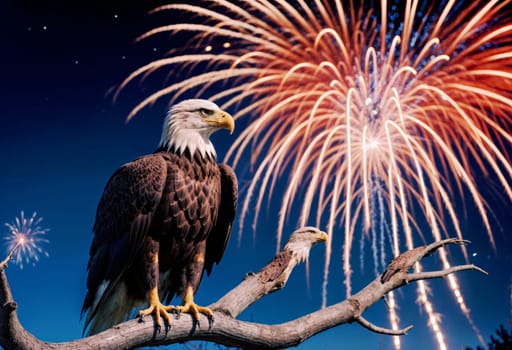 AI generated of a bald eagles sitting on a branch with fireworks in the background
