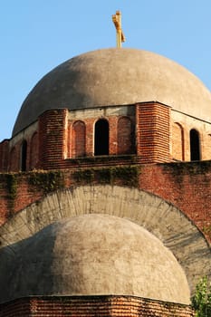The upper facade and roof, dome of the Christ the Savior Cathedral, Church, an unfinished serbian, christian orthodox cathedral, church in the city center of Prishtina, Pristina, Kosovo 2022
