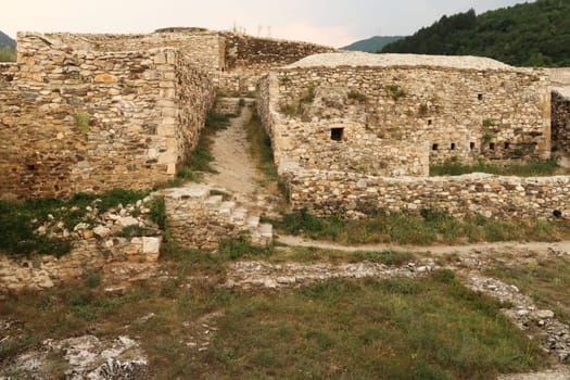 Remaining stone structures inside the Prizren Fortress on a hilltop in Prizren, Kosovo 2022